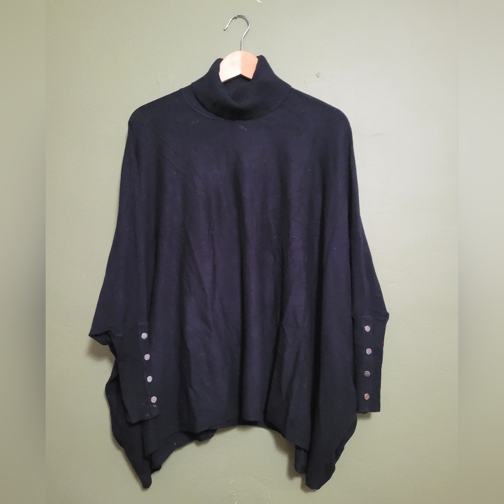 Alfani Black Button-Sleeve Turtleneck Poncho – Size S